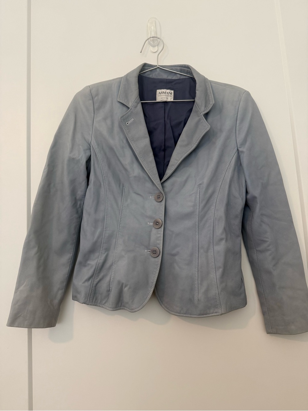 Armani Collezioni Women's Light Gray Leather Blazer with Notched Lapel